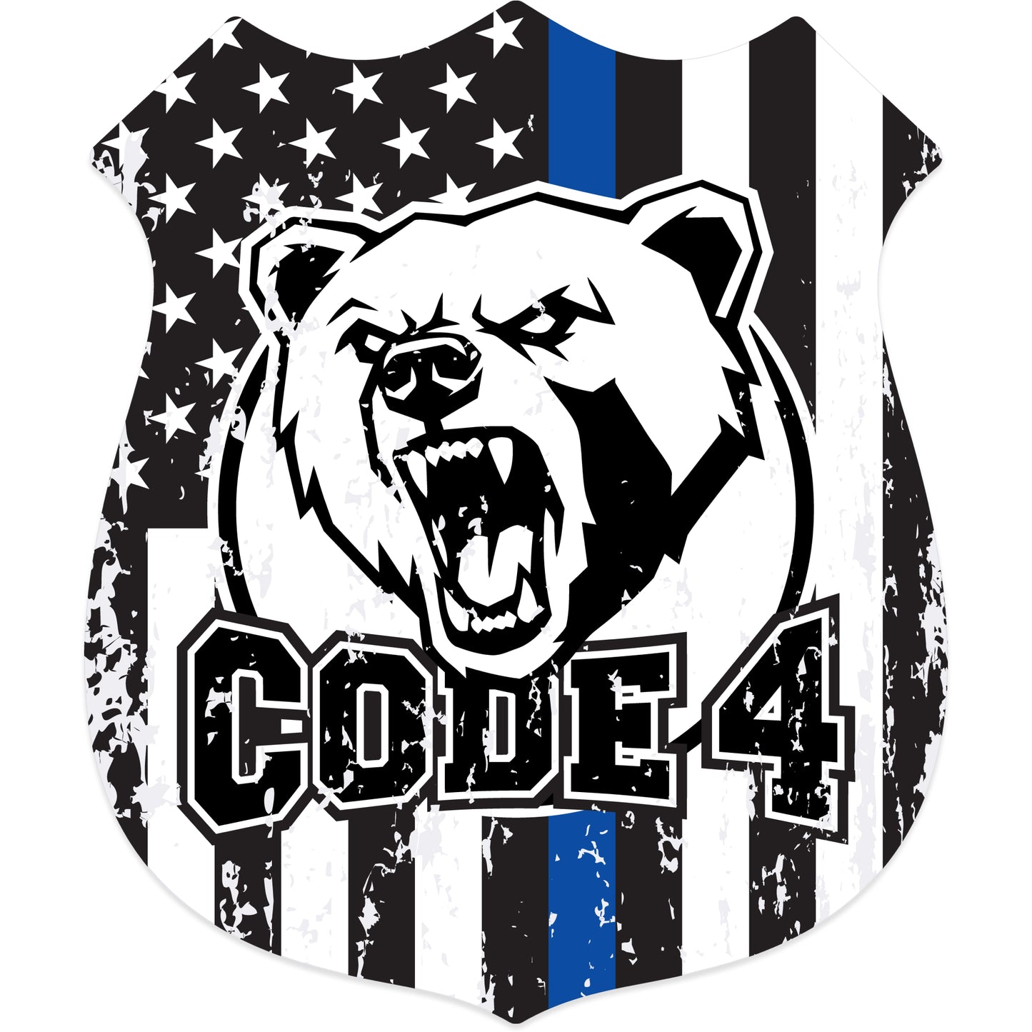 Code 4 Thin Blue Line Distressed Badge Decal - Back the Blue (4.1 x 4.9 in)