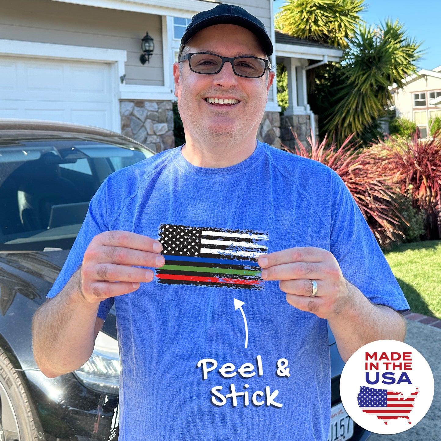 Thin Blue Red Green Line Distressed American Flag Decal - Police, Firefighter & Military (5.9 x 3.3 in)