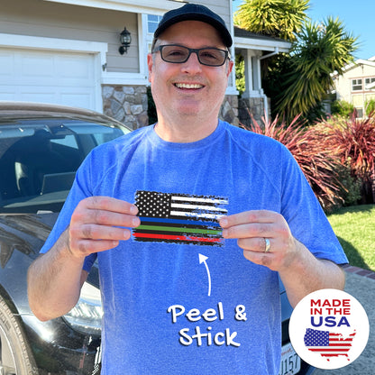 Thin Blue Red Green Line Distressed American Flag Decal - Police, Firefighter & Military (5.9 x 3.3 in)