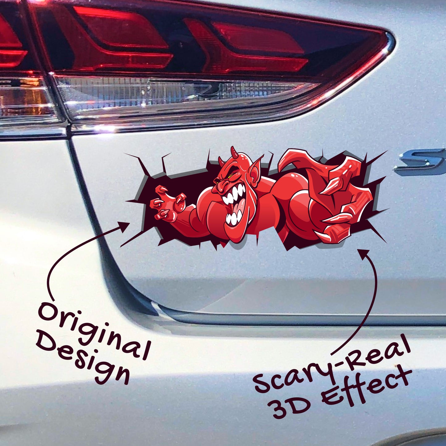 Funny Peeking Monster Car Decal - Covers Dents & Scratches - Red Devil