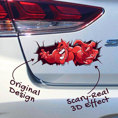 Funny Peeking Monster Car Decal - Covers Dents & Scratches - Red Devil