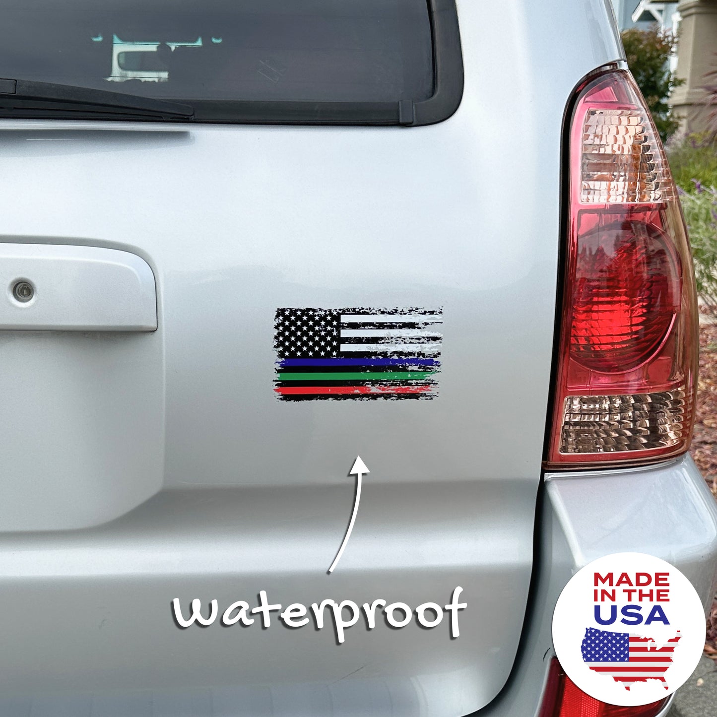 Thin Blue Red Green Line Distressed American Flag Decal - Police, Firefighter & Military (5.9 x 3.3 in)