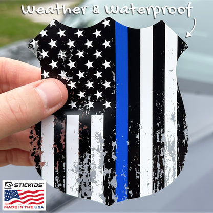 Thin Blue Line Distressed Police Badge Decal - Back the Blue (4.1 x 4.9 in)