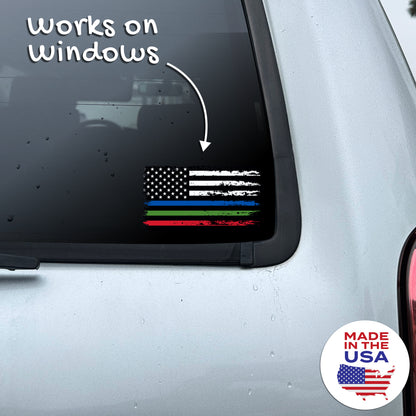 Thin Blue Red Green Line Distressed American Flag Decal - Police, Firefighter & Military (5.9 x 3.3 in)