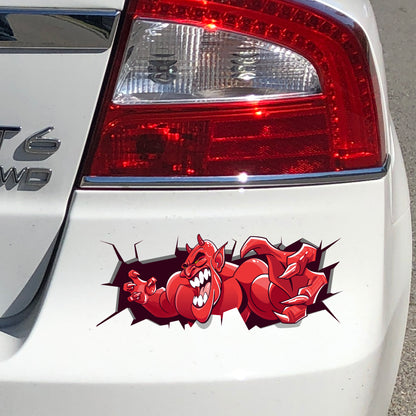 Funny Peeking Monster Car Decal - Covers Dents & Scratches - Red Devil