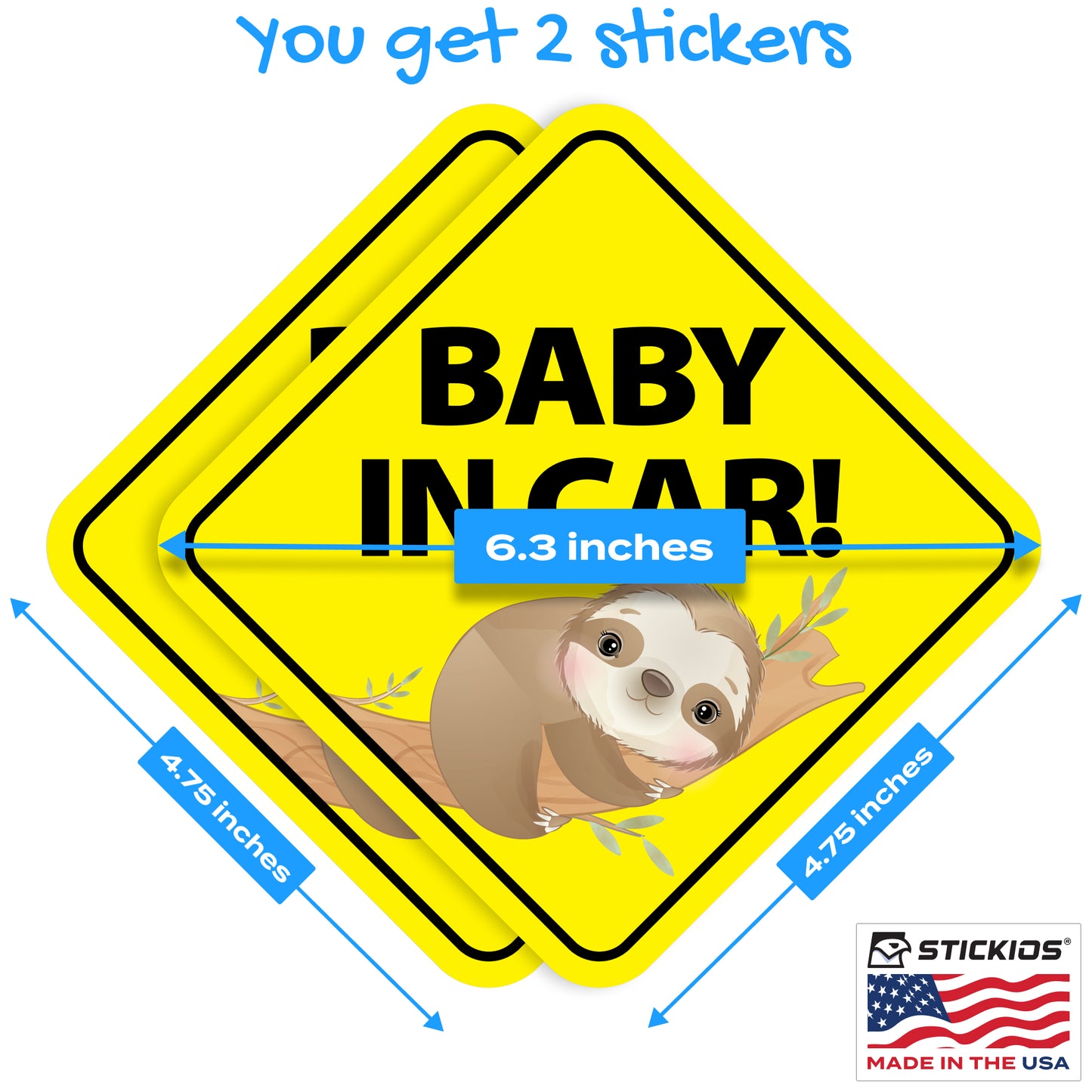 Baby in Car Stickers - Waterproof, Removable & Paint-Safe - Sloth (2-Pack)