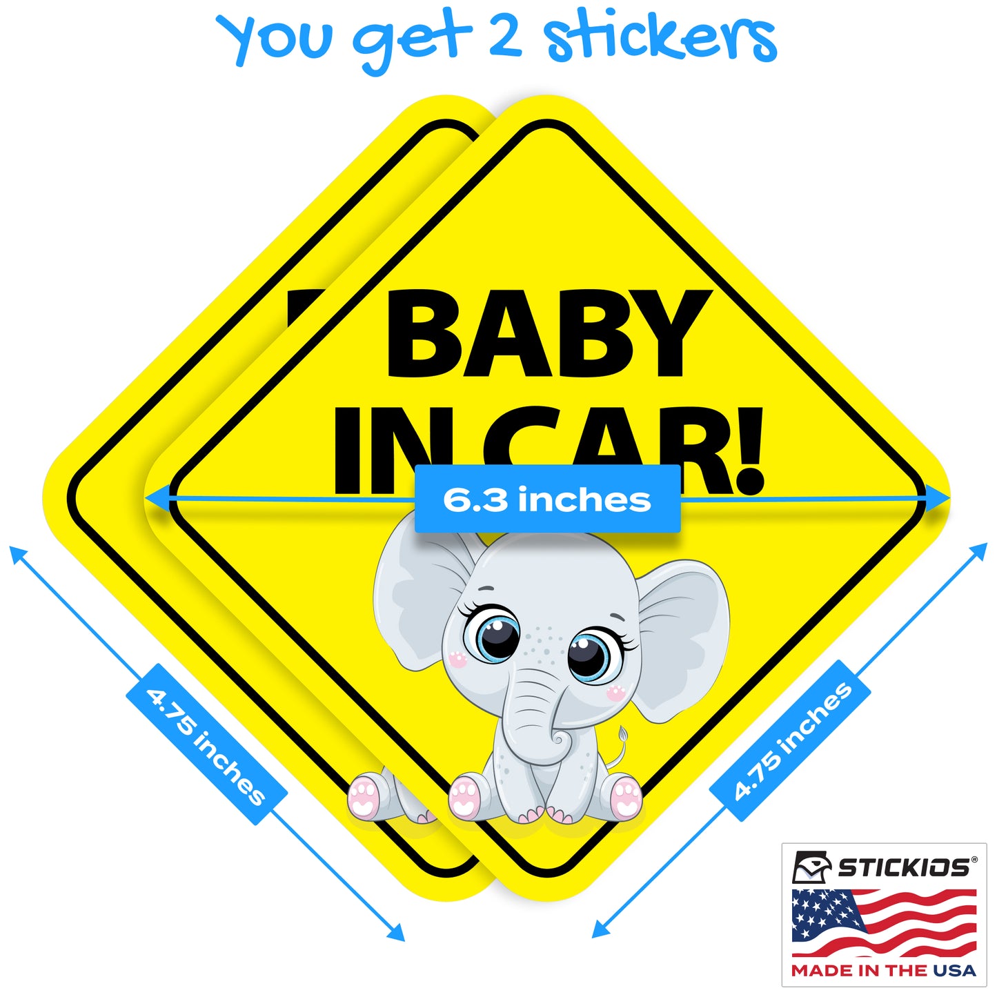 Baby in Car Stickers - Waterproof, Removable & Paint-Safe - Elephant (2-Pack)