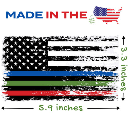 Thin Blue Red Green Line Distressed American Flag Decal - Police, Firefighter & Military (5.9 x 3.3 in)