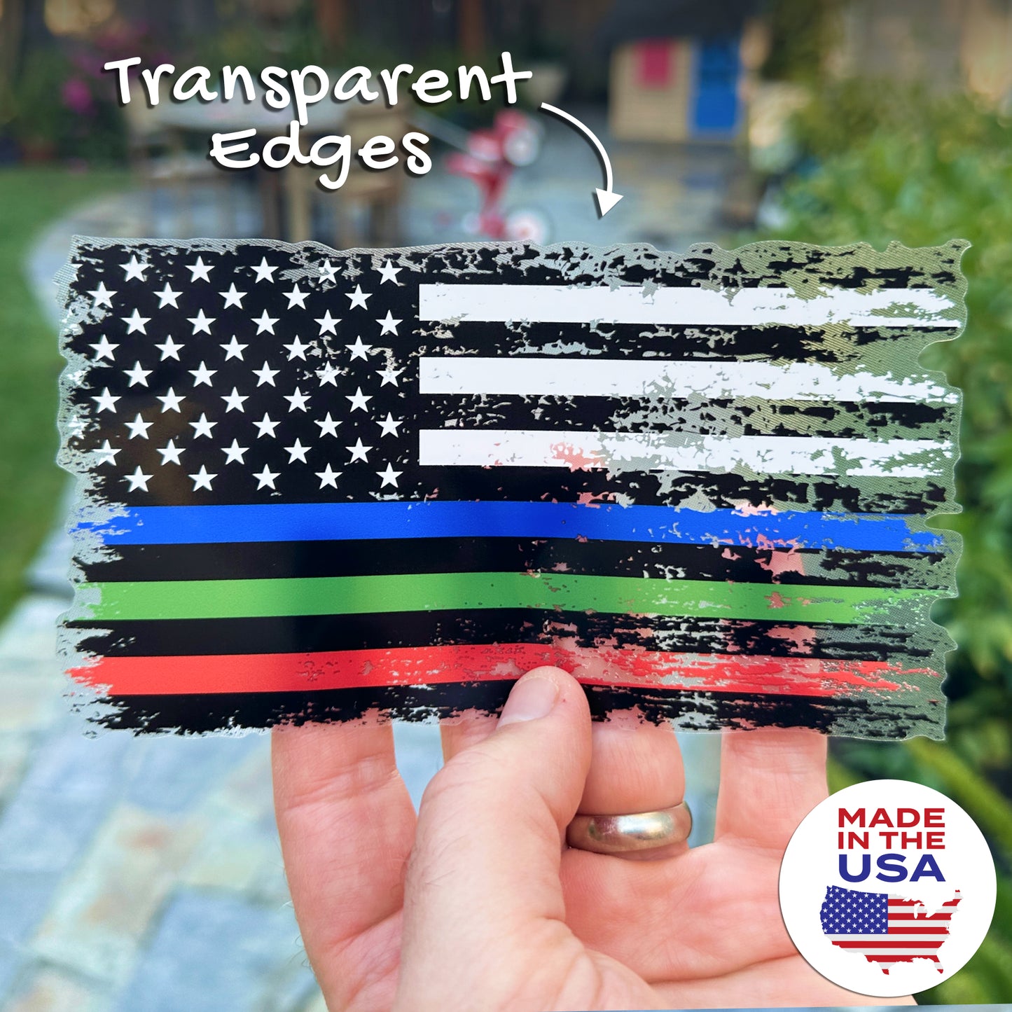 Thin Blue Red Green Line Distressed American Flag Decal - Police, Firefighter & Military (5.9 x 3.3 in)