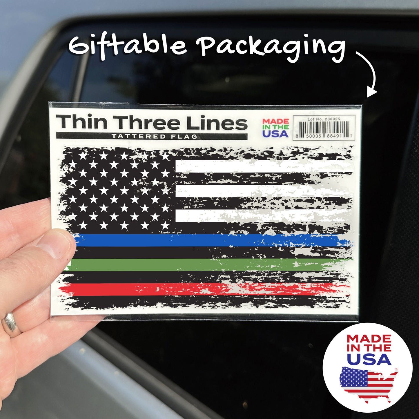 Thin Blue Red Green Line Distressed American Flag Decal - Police, Firefighter & Military (5.9 x 3.3 in)