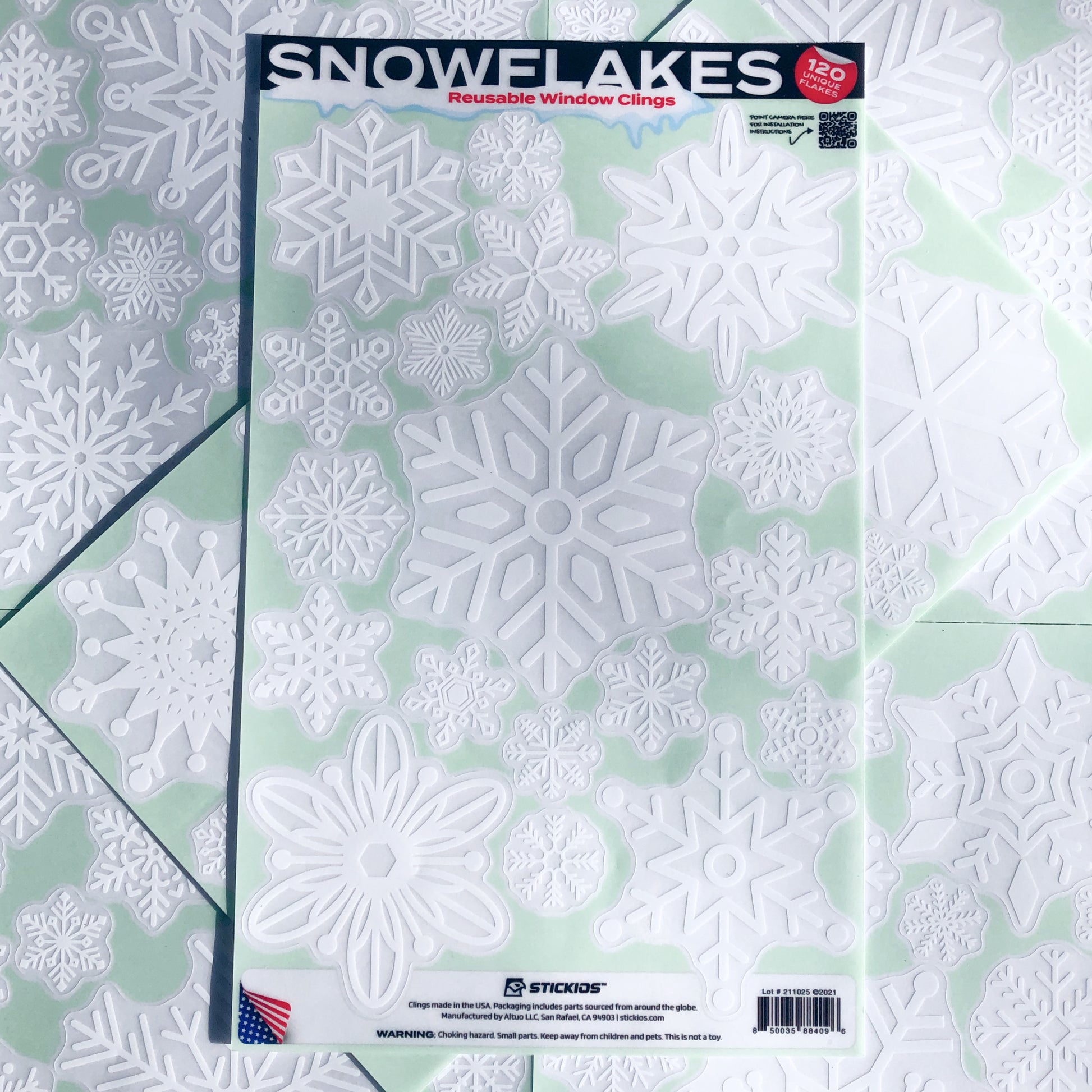 Stickios Snowflake Window Clings (120 Unique Snowflakes), White